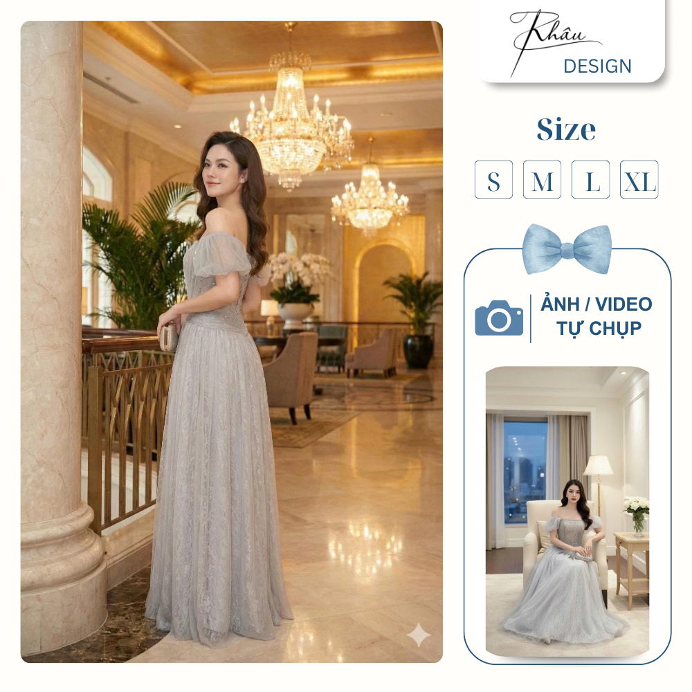 Đầm Dự Tiệc Khâu Design, Váy Thiết Kế Đính Đá Giọt Sương Xanh Đi Cưới Đi Tiệc - K860