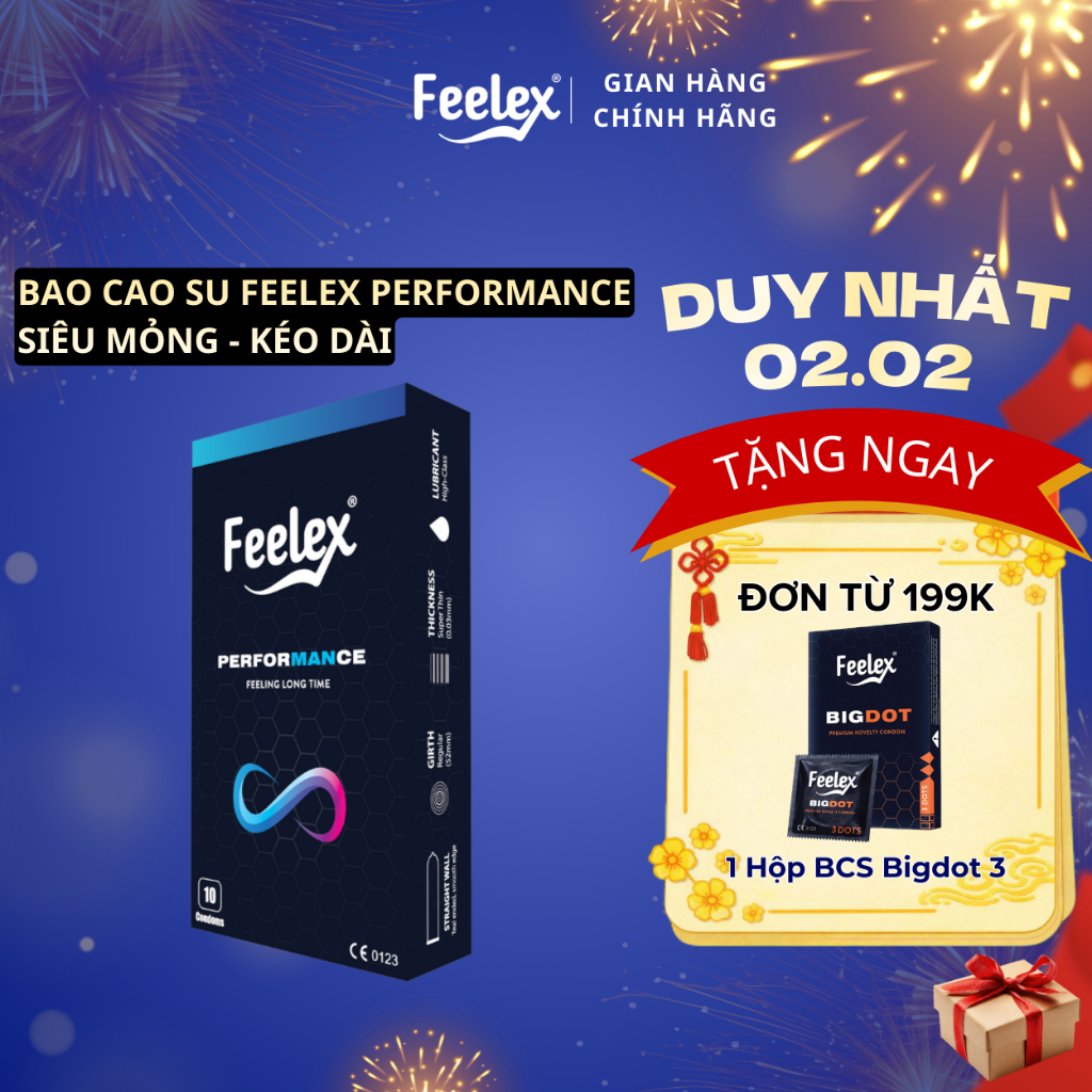 Bao cao su Feelex kéo dài thời gian, siêu mỏng, gân gai, nhiều gel bôi trơn - Hộp 10 bcs