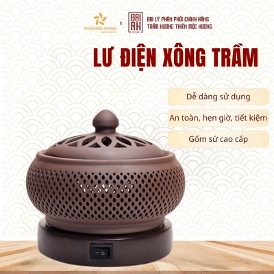 Lư điện xông trầm hương Thiên Mộc Hương chất liệu gốm sứ cao cấp xông bột trầm, vụn trầm, có hẹn giờ, an toàn dễ sử dụng