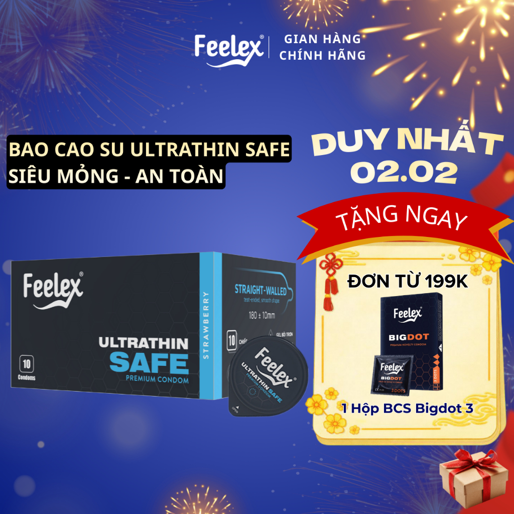 Bao cao su Feelex Ultrathin Safe siêu mỏng, nhiều gel bôi trơn, hỗ trợ phòng tránh thai - Hộp 10 bcs