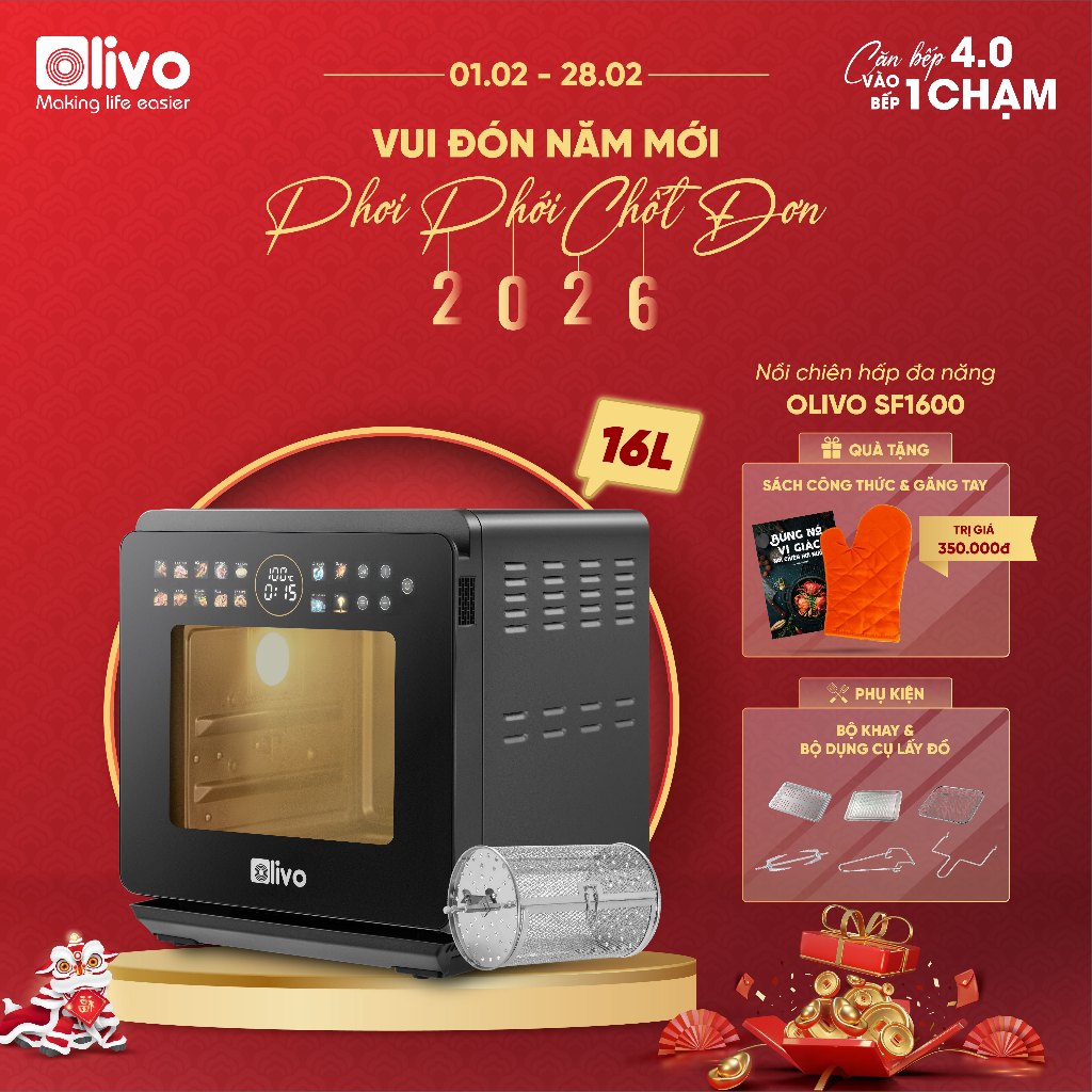 Nồi Chiên Hơi Nước OLIVO SF1600 16L –  Màn Hình Cảm Ứng OLED, Công nghệ hấp Nano Steam - BH 2 Năm