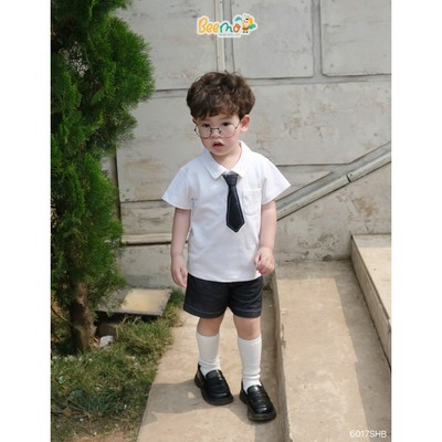 Set polo cộc tay Beemo vải cá sấu kết hợp da cá giả bò cho bé trai mặc đi học, đi chơi từ 9-24kg 6017SHB