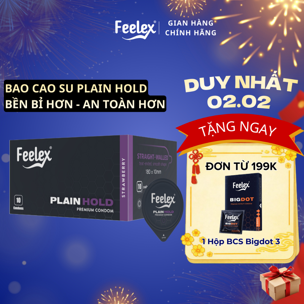 Bao cao su Feelex Plain Hold an toàn, bền bỉ, nhiều gel bôi trơn, hương dâu - hộp 10 bcs