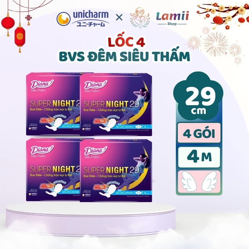 Lốc 4 gói Băng vệ sinh Diana siêu thấm Super night size dài 29cm, 35cm, 42cm mặt lưới thấm nhanh