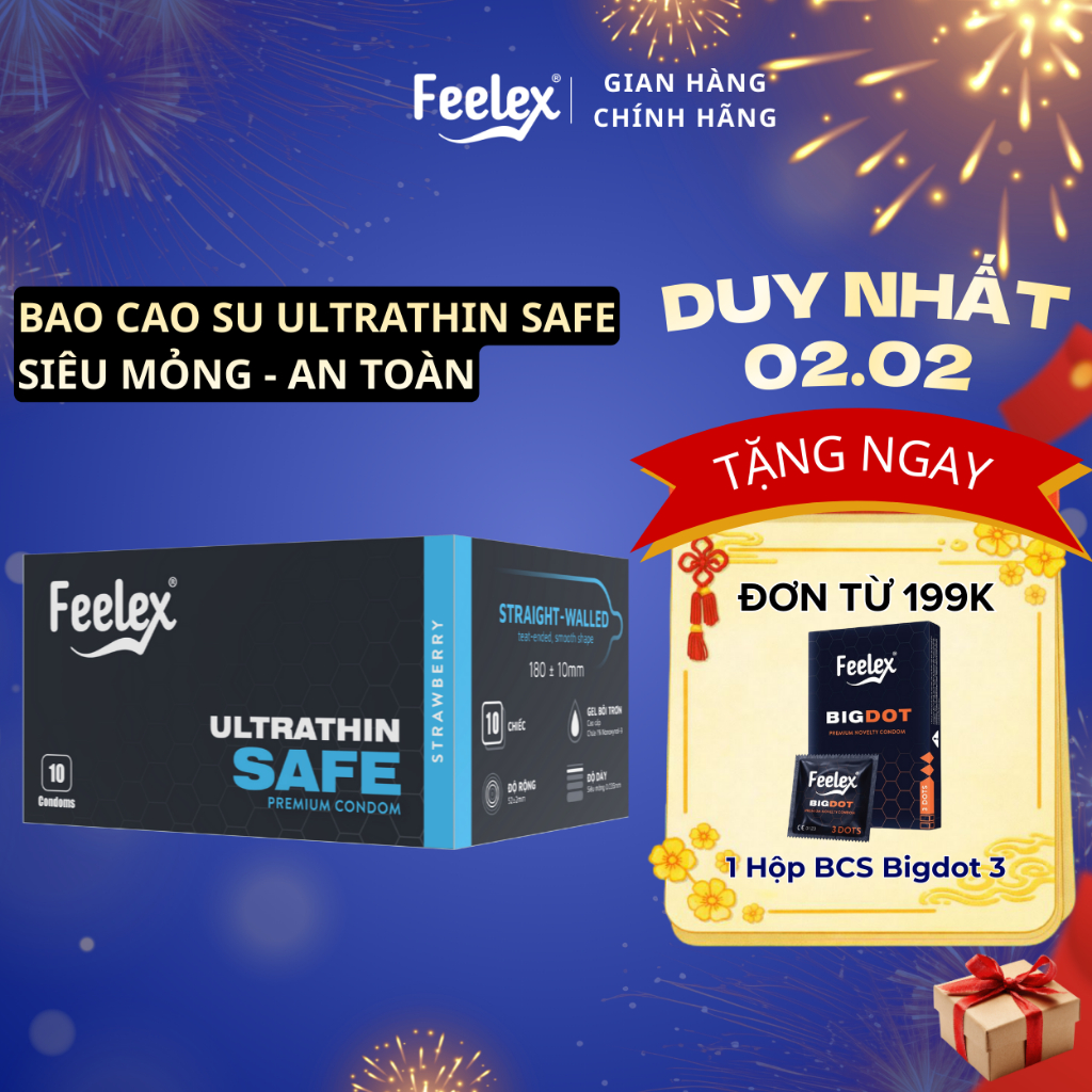 Bao cao su Feelex Ultrathin Safe siêu mỏng, nhiều gel bôi trơn - Hộp 10 bcs