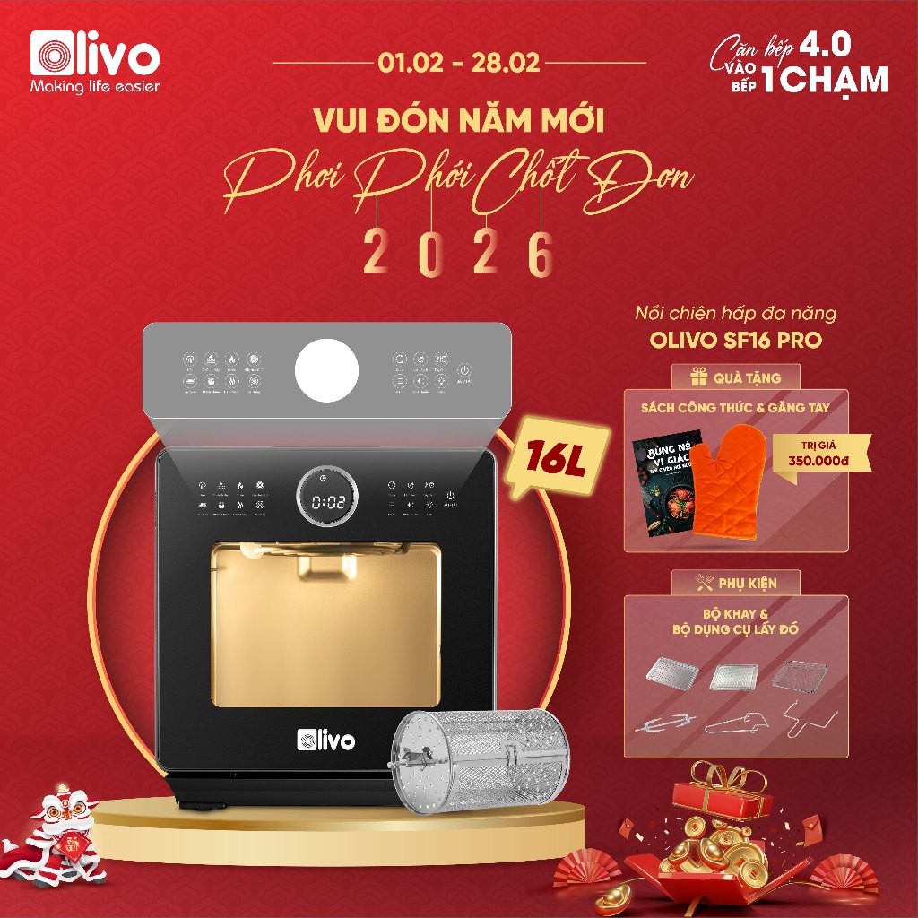 Nồi Chiên Hấp Olivo SF16 Pro 16L – Công Nghệ Hấp Nano Steam – Nồi Chiên Hơi Nước Bản 2025 Có Chú Thí
