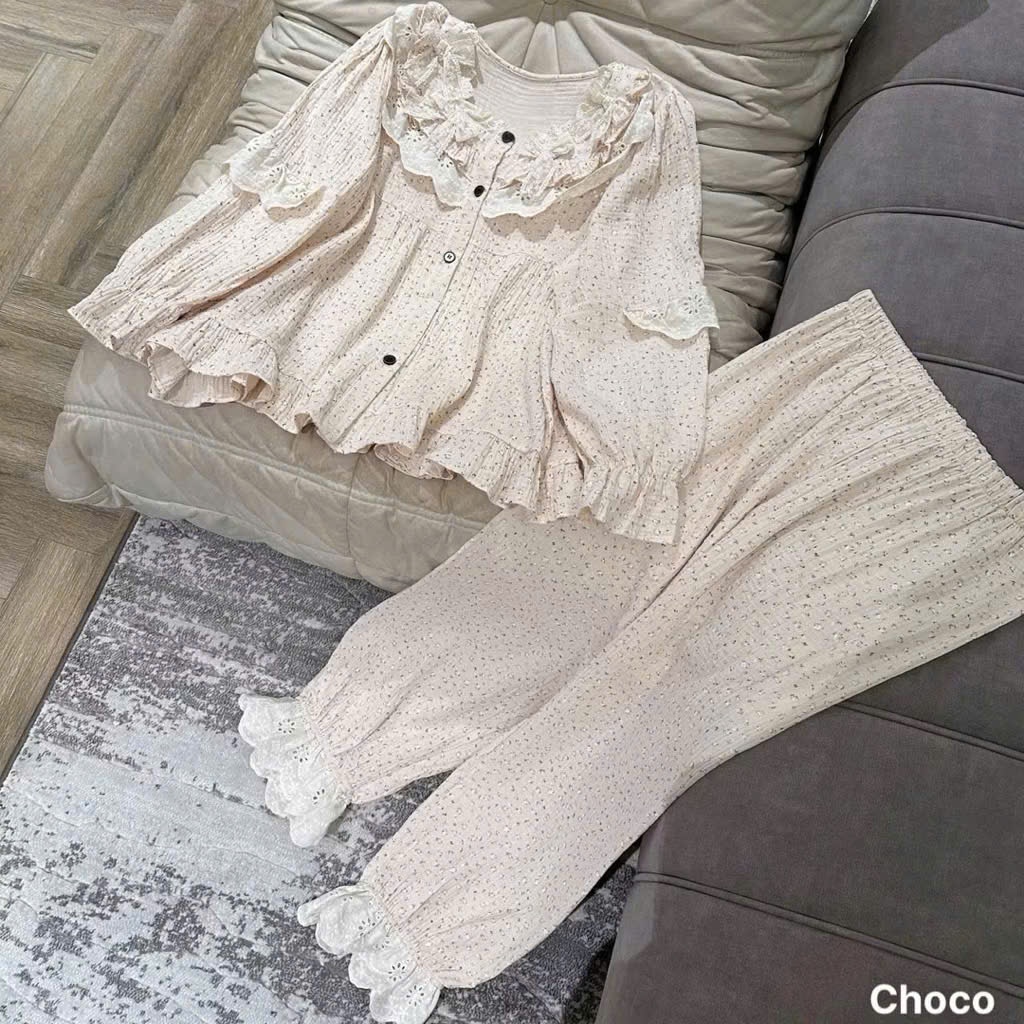 Set Pyjama xô muslin hoa nhí kem be cổ bèo nơ tay bồng ngọt ngào mặc nhà nữ - L0138 cotton xô muslin