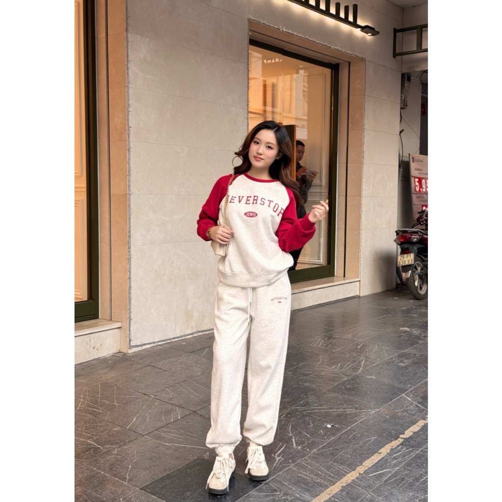 Bộ Nỉ NEVERSTOP Jewis Áo Sweater Mix Quần Jogger Đỏ Phối Xám Phong Cách Cá Tính - J595