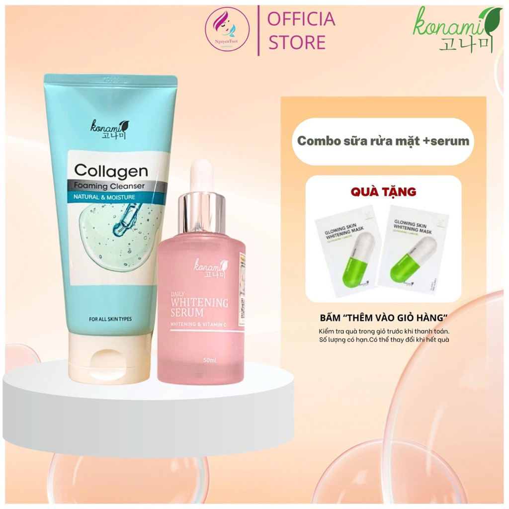 Combo serum Konami Whitening & vitaminC + sữa rửa mặt collagen konami