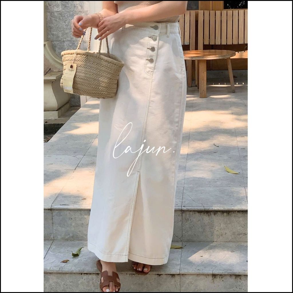 [LAJUN KOREA] Chân Váy Jeans Dài Simon Form Chữ H Nút Trước Hàn Quốc