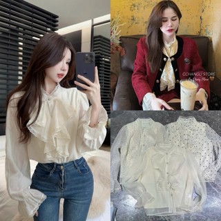 [A3093] ÁO SƠ MI TƠ CỔ TÀU PHA REN BÈO metwo.dearu - Áo ren voan viền bèo cúc ngọc QC tay bồng 2 lớp ulzzang tiểu thư HQ
