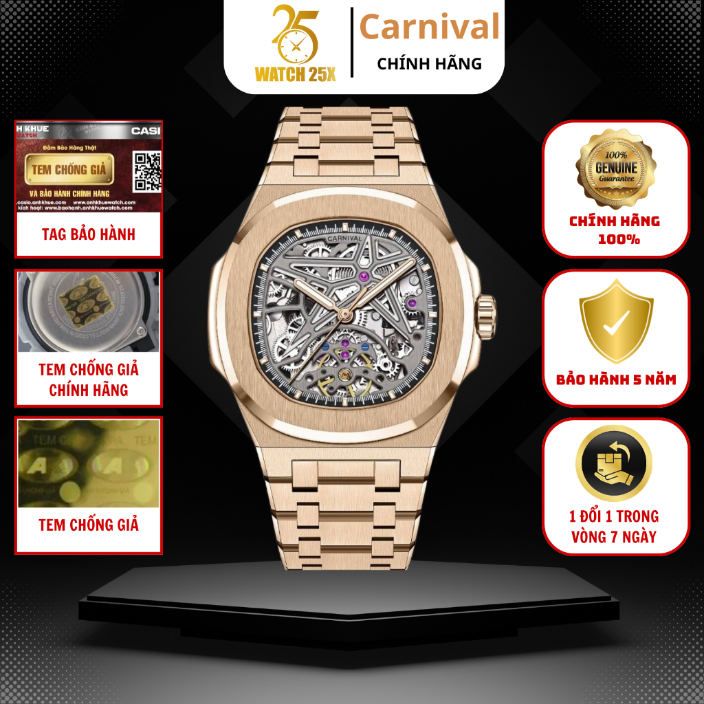 Đồng Hồ Nam Carnival 8118G-VH-T Watch25x - Thiết Kế Skeleton Lộ Khung Xương - Kính Sapphire