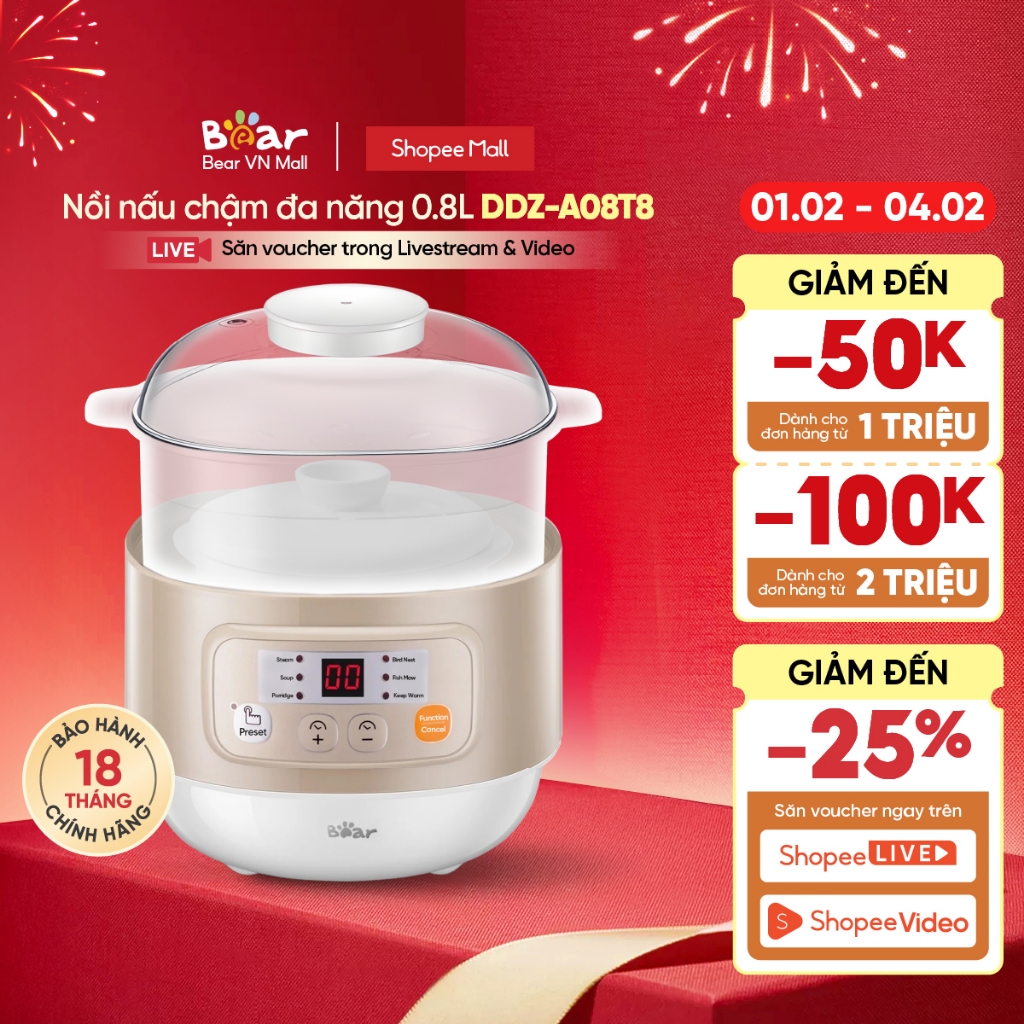 Nồi nấu chậm đa năng 0.8L Bear DDZ-A08T8 - Hàng chính hàng