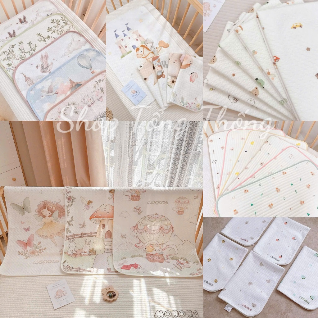 Lót chống thấm hoạ tiết cổ tích Monona 4D chuẩn xuất Hàn cao cấp thấm hút tốt bảo vệ nệm cotton mềm mịn 50x70 80x100