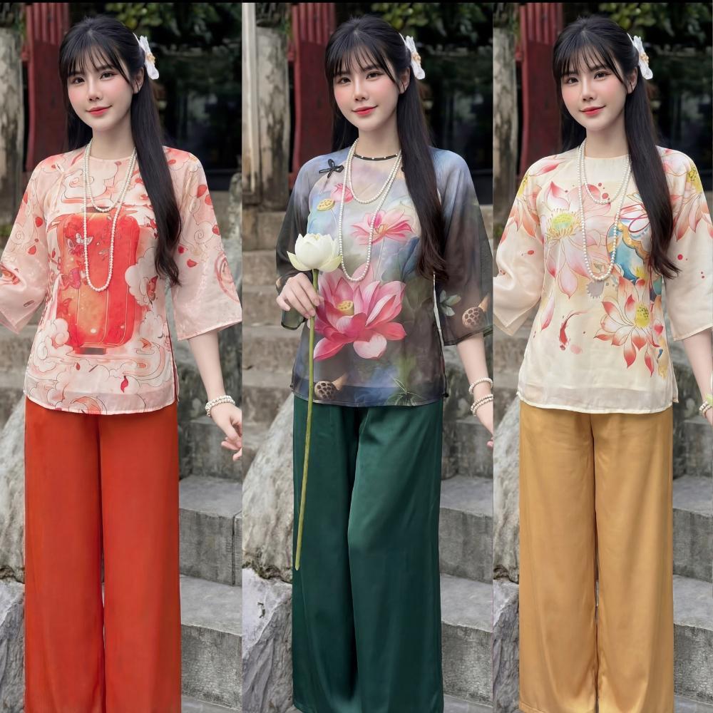 Set đồ lam, đồ đi chùa lễ tết, bộ pháp phục Z6, họa tiết in 3D dành cho nữ, chất liệu voan ánh kim mềm mát Kim Thanh | BigBuy360 - bigbuy360.vn