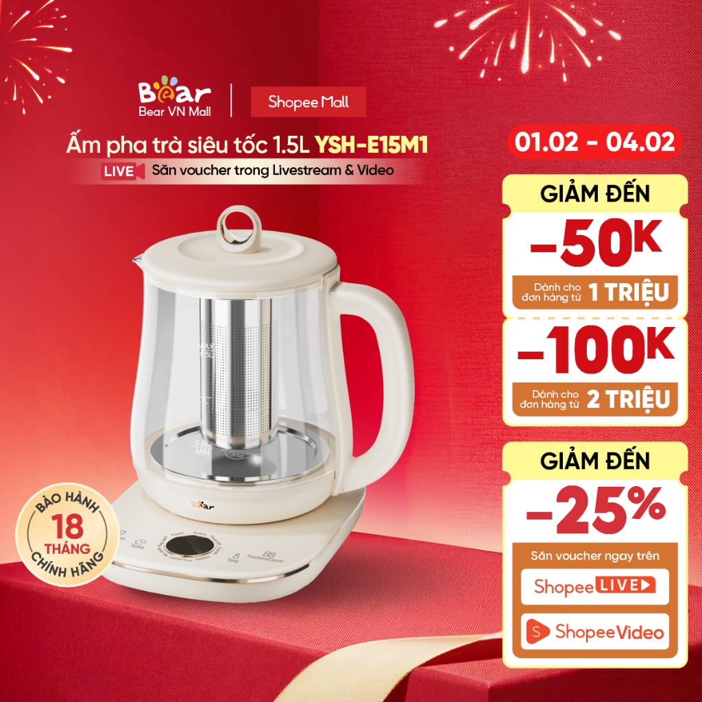 Ấm Đun Pha Trà 1.5L Siêu Tốc Bear YSH-E15M1