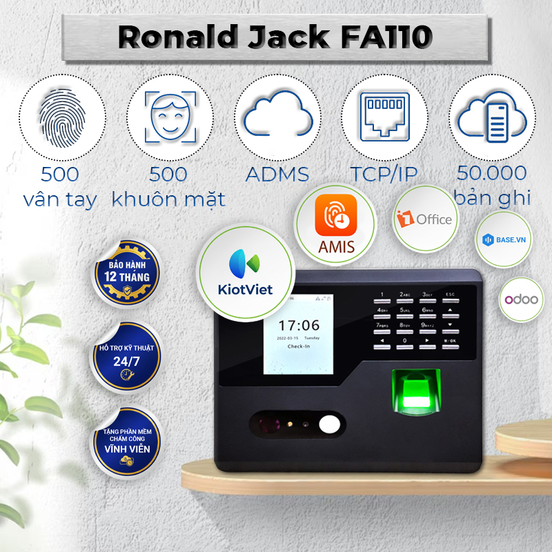 Máy Chấm Công Khuôn Mặt Ronald Jack FA110 - Kết Nối TCP/IP, USB, Xuất File Excel, Bảo Hành 12 Tháng