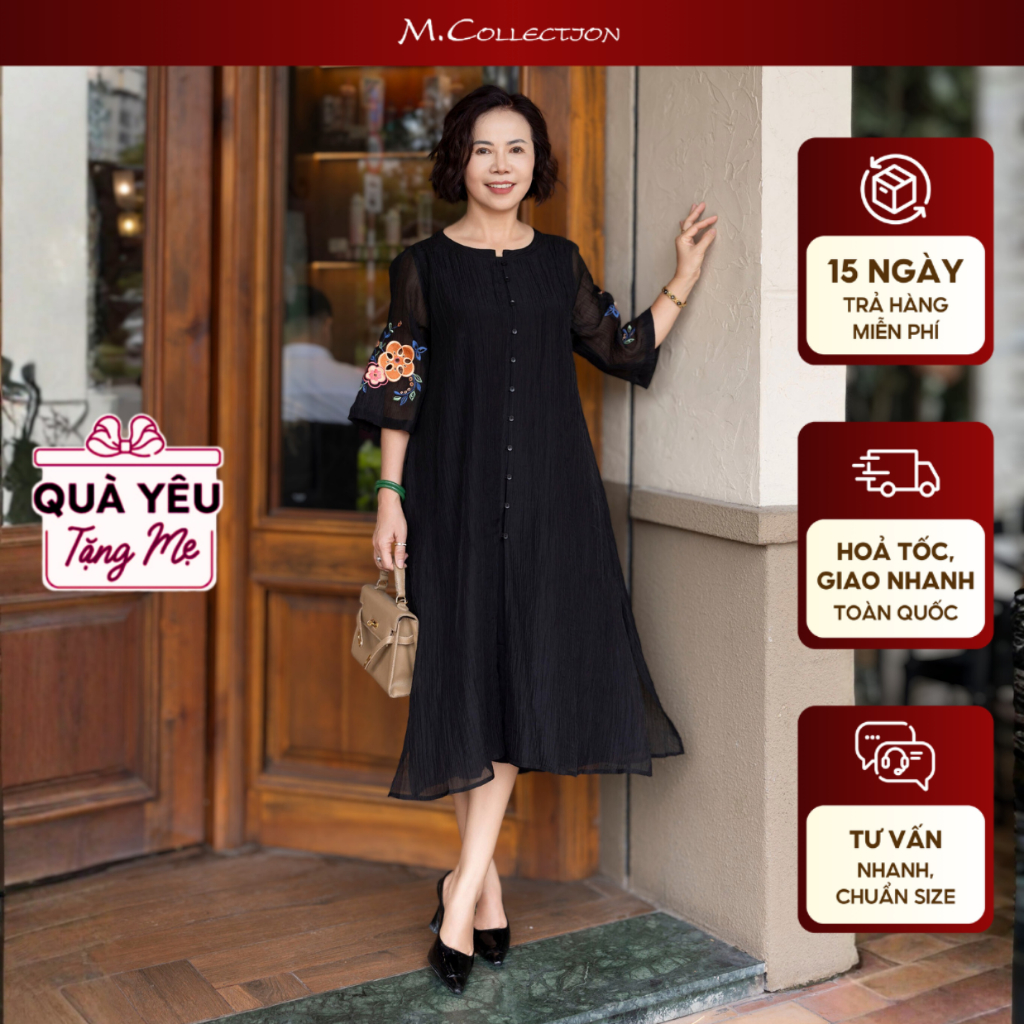 M COLLECTION | Váy Đầm Nữ Trung Niên Tặng Mẹ, Bà Suông Tơ 2 Lớp Xẻ Tà Cài Nút Tay Lỡ Thêu Hoa D12779