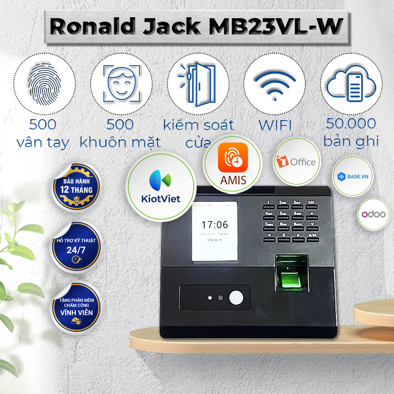 Máy Chấm Công Khuôn Mặt Ronald Jack MB23VL-W / Kết Nối WIFI, TCP/IP, USB, Xuất File Excel, Bảo Hành 