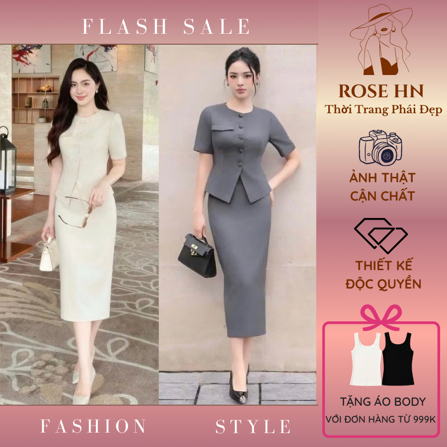 Sét Đồ Công Sở Nữ Cao Cấp - Áo Vest Tay Ngắn + Chân Váy Dài Xẻ Tà Sang Trọng [VT24246]