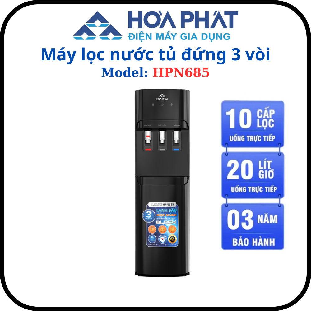 Máy lọc nước RO tủ đứng Hòa Phát HPN685 - 3 vòi nước riêng biệt - Hàng chính hãng bảo hành 3 năm