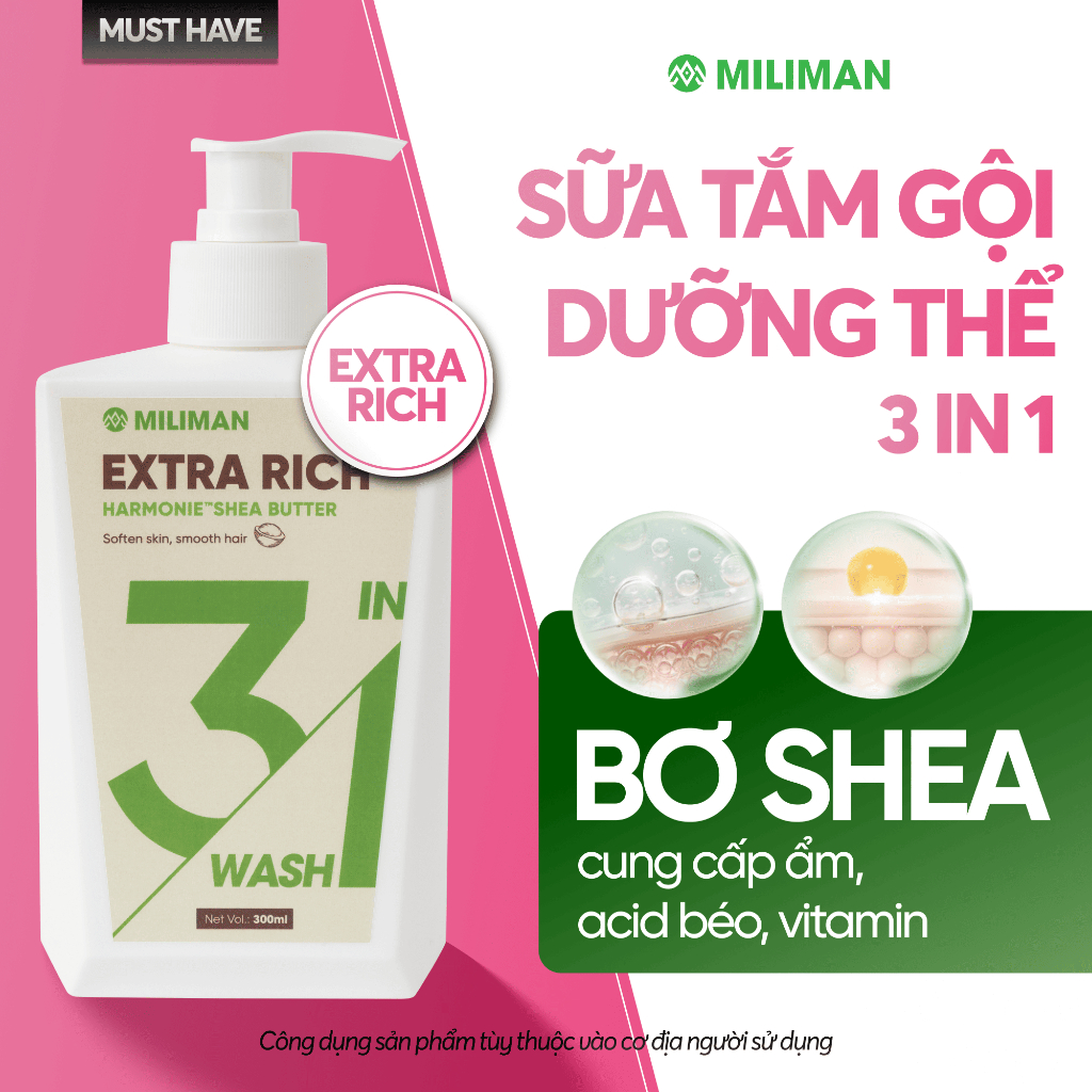 Sữa Tắm Gội Nam 3in1 Dưỡng Thể MILIMAN Extra Rich 300ML | Làm Sạch, Dưỡng Ẩm Chuyên Sâu