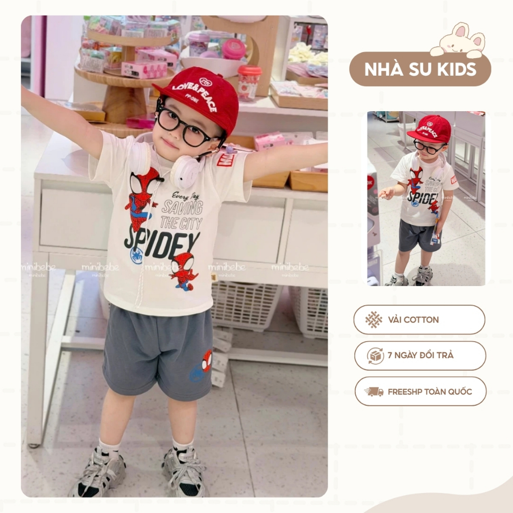 Bộ spyder dành cho bé trai, set quần áo cộc tay chất cotton mềm mại, thoải mái cho bé