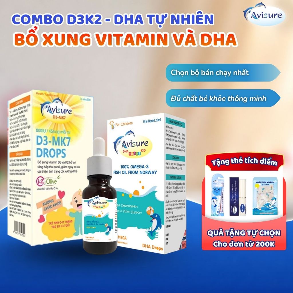 Tích điểm - Combo Avisure D3MK7 và Avisure DHA smart kid hỗ trợ bé cao lớn, thông minh mắt sáng 20ml