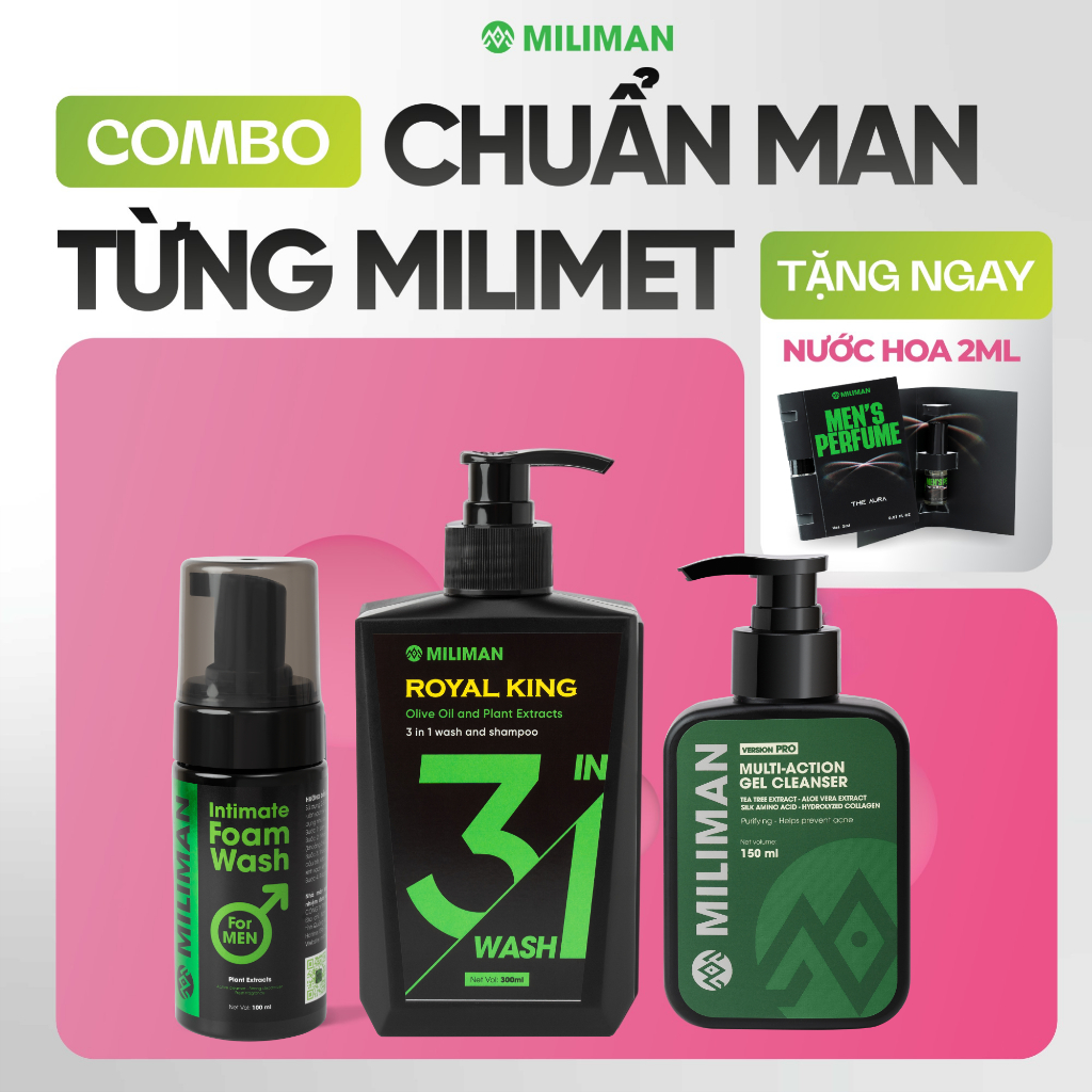 Quà Tặng Nam Box Chuẩn Man MILIMAN Gồm Sữa Tắm Gội Royal King, Sữa Rửa Mặt, Bọt Vệ Sinh Base