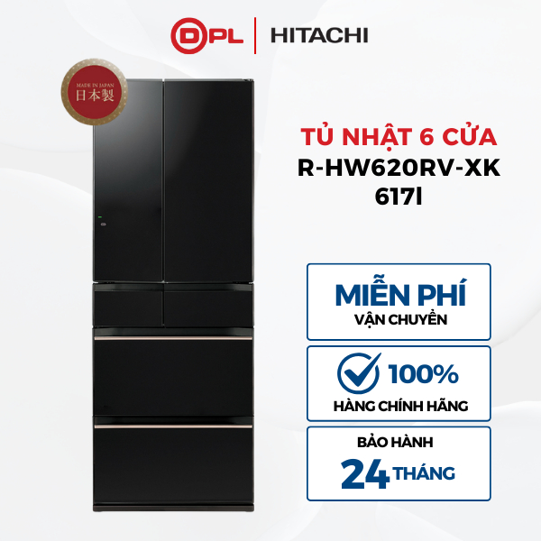 Tủ lạnh Nhật 6 cánh Hitachi 617Lít R-HW620RV-XK - Ngăn chân không - Làm đá tự động - Inverter