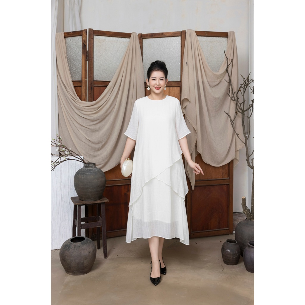 M Collection | Đầm Maxi Suông Trơn Vắt Chéo Hai Lớp Chất Tơ Xốp Lót Lụa Hàn Trắng - D12062 | BigBuy360 - bigbuy360.vn