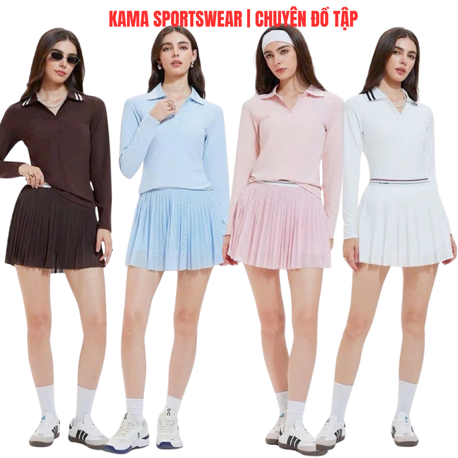 Bộ Tập Pickleball Nữ Kama Sport BP190 Áo Dài Tay Cosleaf Mix Chân Váy Xếp Ly – Hàng QC Cao Cấp