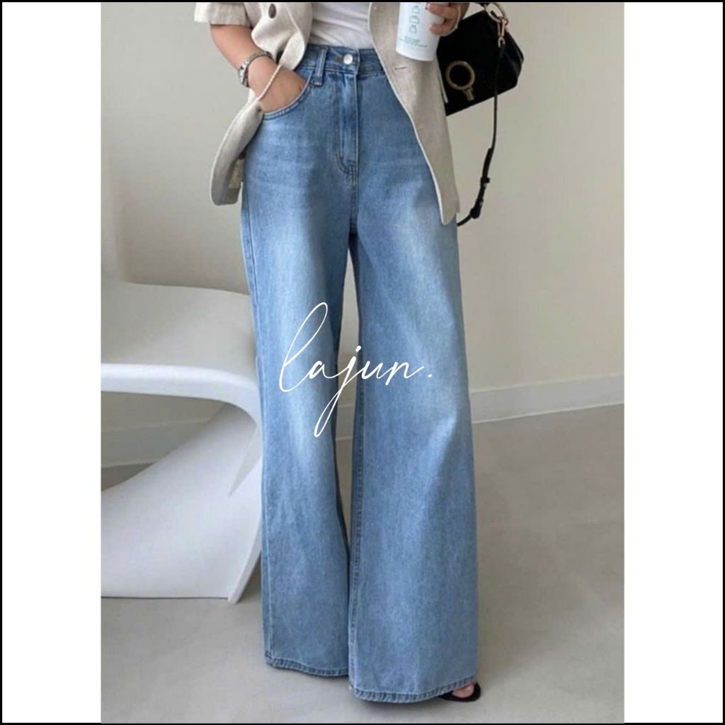 [LAJUN KOREA] Quần Denim Light Ống Rộng Suông Lưng Cao Hàn Quốc (Chất Mềm Không Bị Dày)