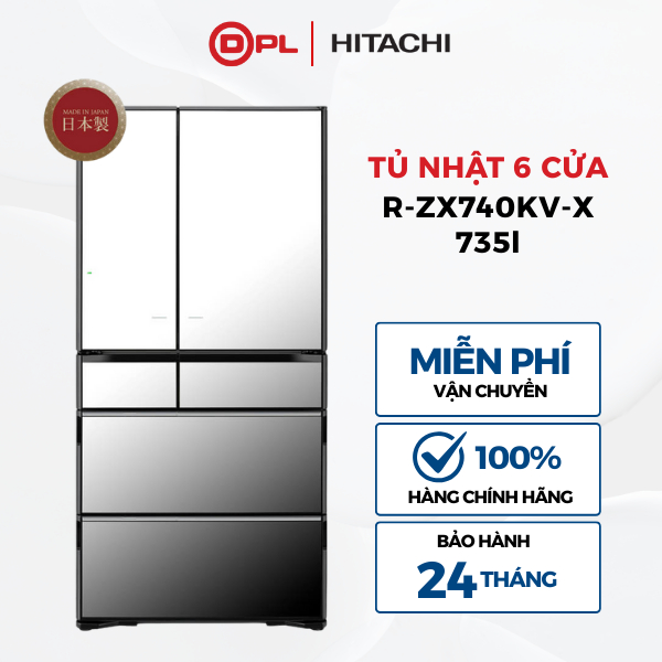 Tủ lạnh 6 cánh Hitachi 735 lít R-ZX740KV-X - Mặt gương pha lê - Ngăn chân không - Inverter