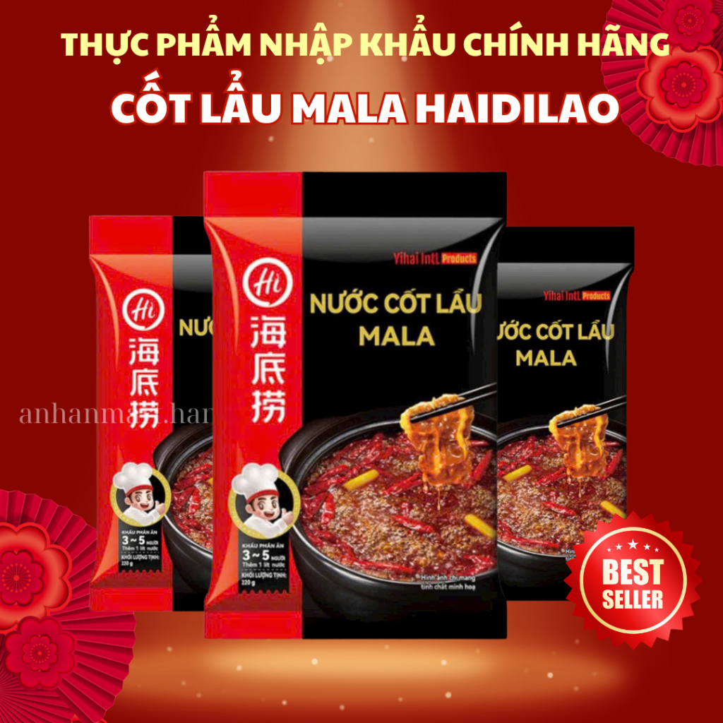 Cốt gia vị lẩu dầu bò Mala Haidilao gói 220g, lẩu cay tê trung quốc hadilao