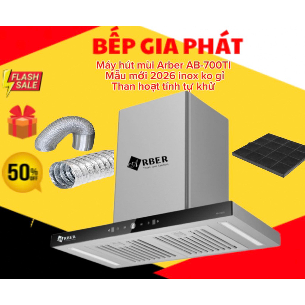 Máy hút mùi Arber AB-700TI inox ko gỉ seri 2026,  đời mới lưới Inox dễ vệ sinh , tự khử than hoạt Tính