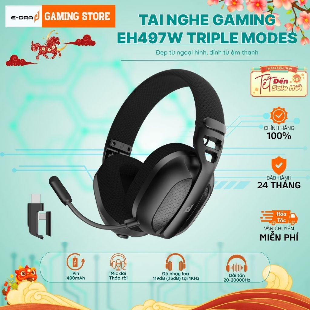 Tai nghe gaming không dây Edra EH497W, EH496W Mic rời Sạc Type-C đầu cắm USB Chính Hãng BH 2 năm