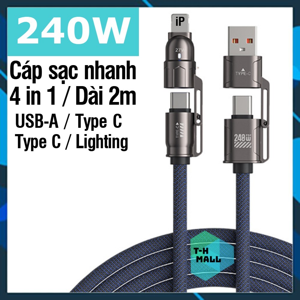 Cáp Sạc Lò Xo Đa Năng Sạc Nhanh 240W Cáp Sạc Nhanh 4 IN 1 Chống Rối Sạc Nhanh 240W cho điện thoại la