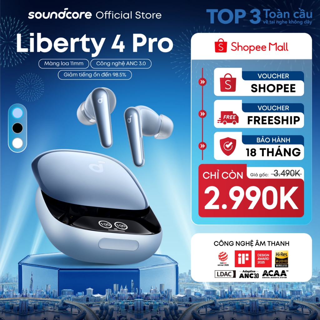 Tai nghe bluetooth soundcore Liberty 4 Pro | Chống ồn ANC 3.0 | Màn hình cảm ứng | Tích hợp phiên dịch