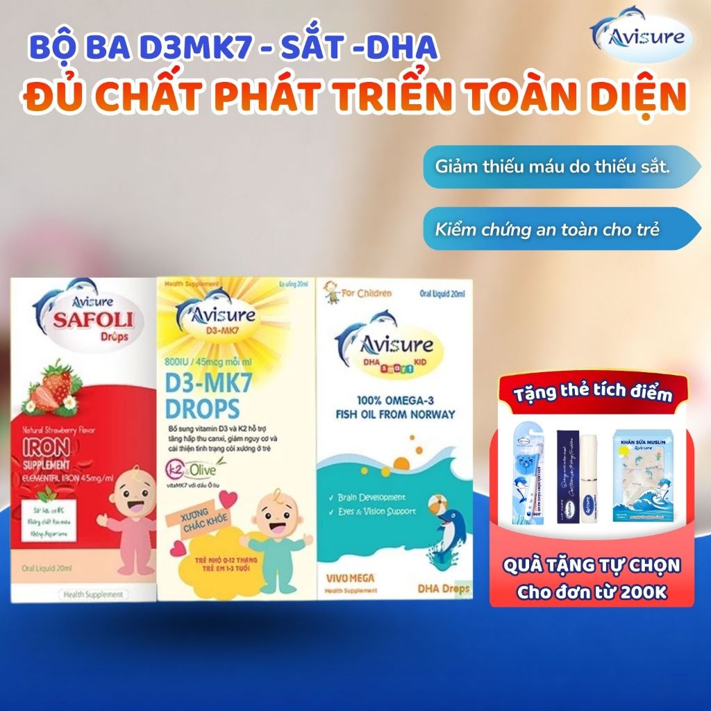 Tích điểm - Bộ ba Avisure D3MK7, DHA ,Sắt Safoli bổ sung D3, DHA, Sắt tinh khiết, tự nhiên cho bé