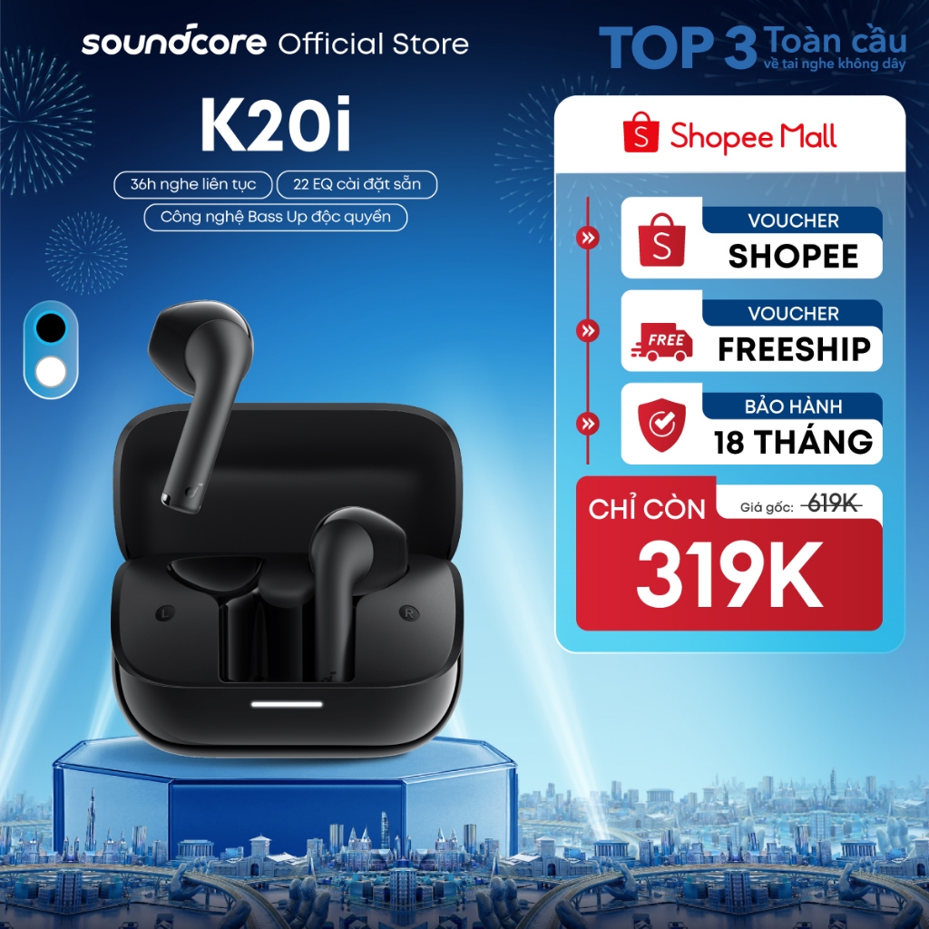 Tai nghe bluetooth Semi In-Ear soundcore K20i | Siêu gọn nhẹ | Chống nước IPX5 | Tích hợp phiên dịch