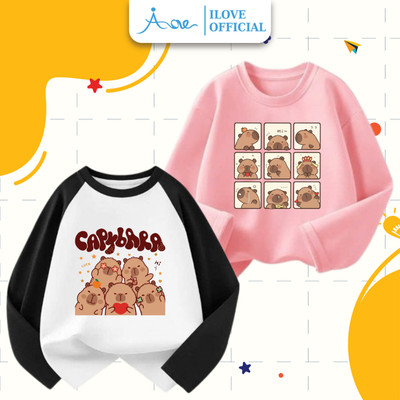[MỚI] Áo Thun DÀI TAY cho bé AORE, Áo phông in hình Capybara chất cotton cho bé trai, bé gái đi học, đi chơi 8-35kg