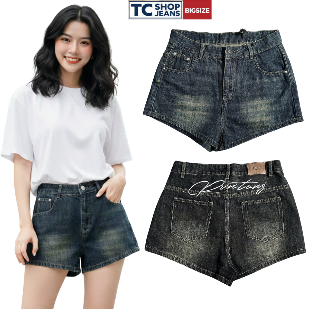 Quần short jean nữ thêu Rintong phía sau cá tính TC SHOP JEANS bigsize 55-90kg chất jean mềm MS 1003