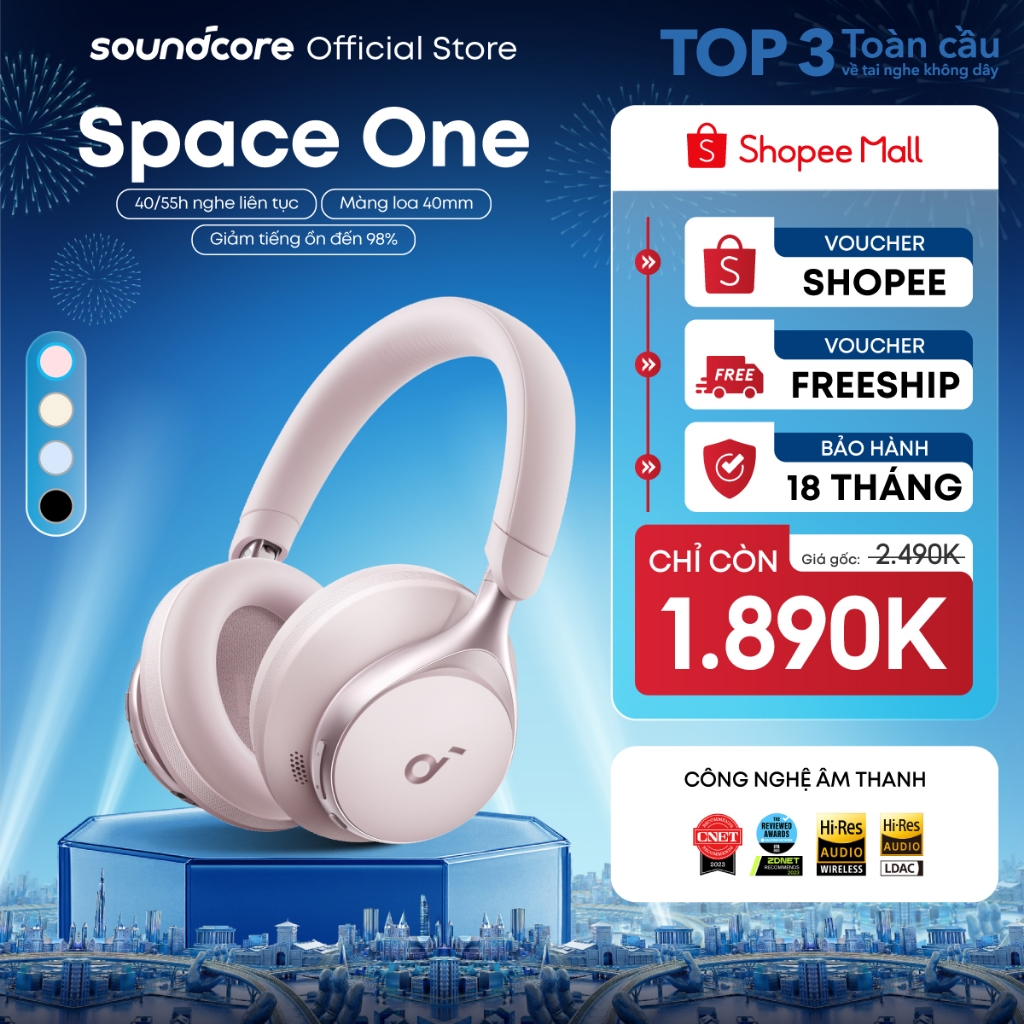 Tai nghe không dây chụp tai soundcore Space One | Âm thanh Hi-res | Giảm ồn 98% | 55h phát nhạc | BigBuy360 - bigbuy360.vn