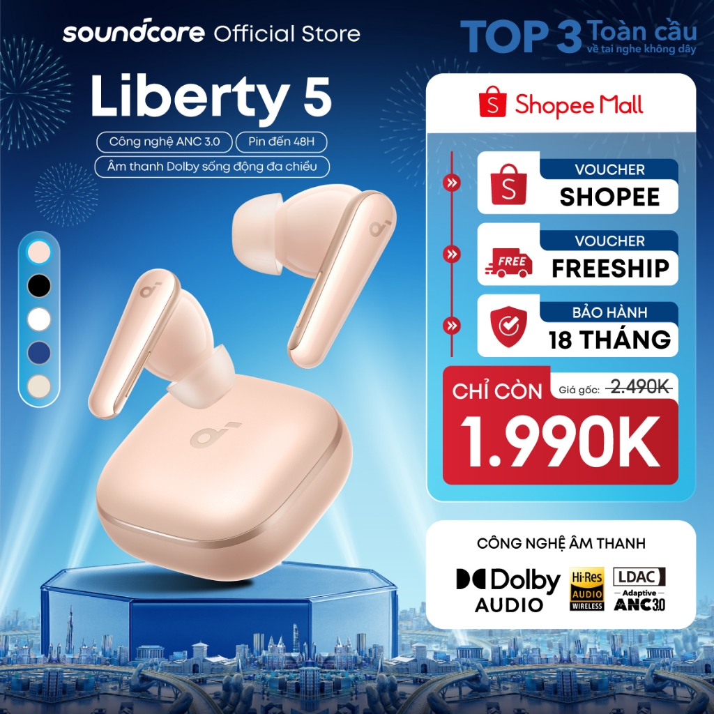 Tai nghe bluetooth soundcore Liberty 5 ANC 3.0 | Pin 48 giờ | Kháng bụi, nước IP55 | Tích hợp phiên dịch
