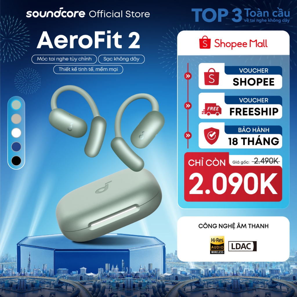 Tai nghe bluetooth Open-Ear soundcore AeroFit 2 | Móc tai tùy chỉnh | Chống nước và bụi IP55 | Tích hợp phiên dịch | BigBuy360 - bigbuy360.vn