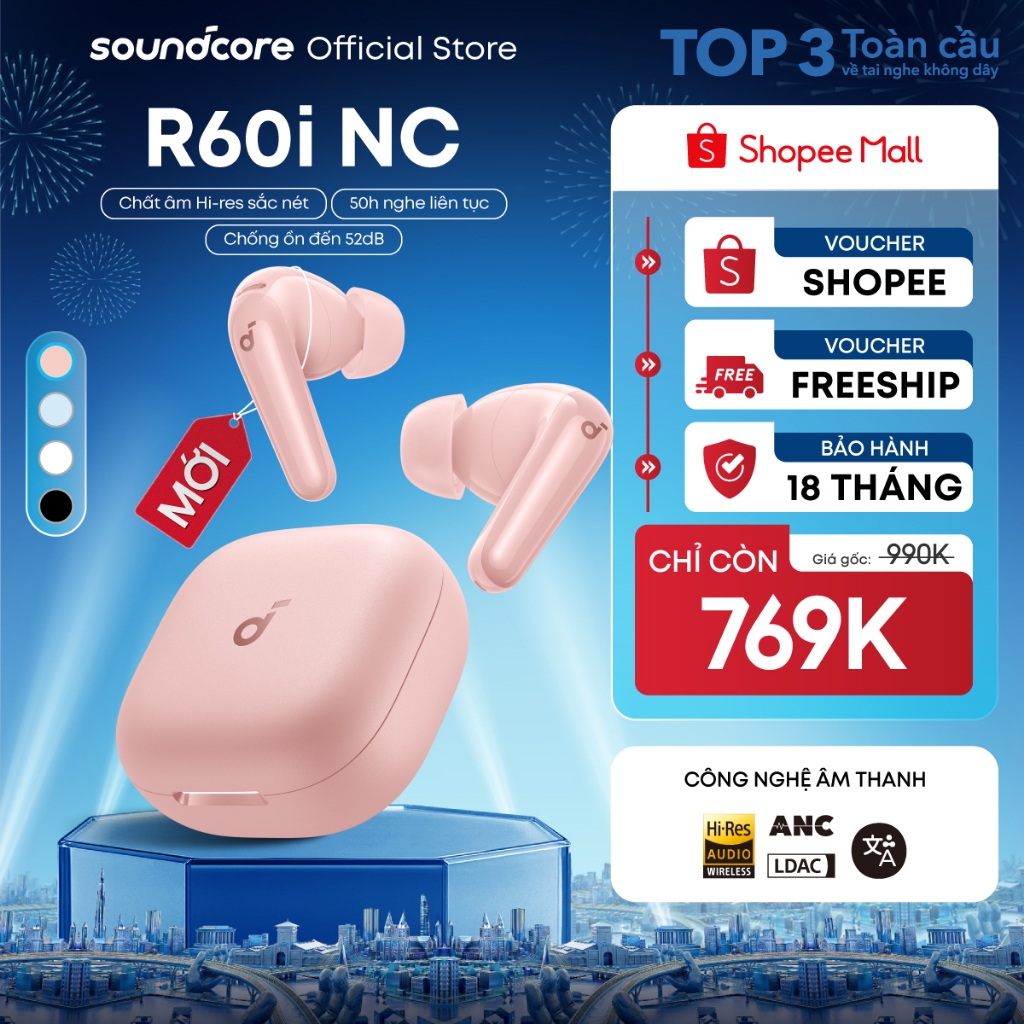 [Mới ra mắt] Tai nghe bluetooth ANC Soundcore R60i NC | Hires Audio | Chống ồn đến 52dB | Pin 50h | Phiên dịch