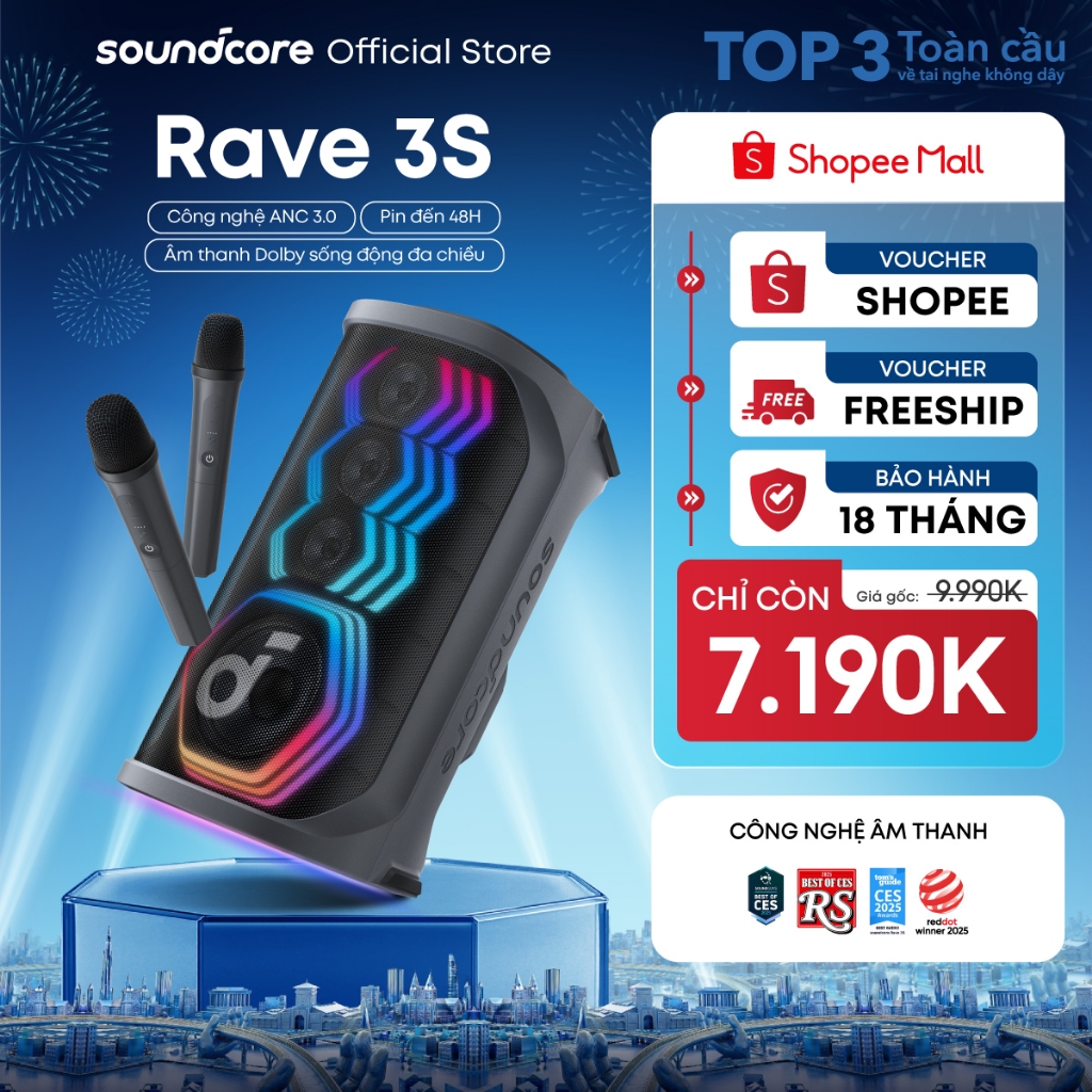 Loa bluetooth karaoke party soundcore Rave 3S | Công suất 200W | 2 mic không dây | BigBuy360 - bigbuy360.vn