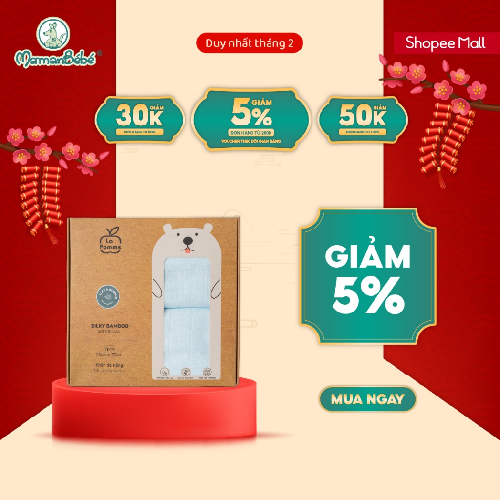 (MamanBébé chính hãng) K002 Set 2 Khăn đa năng sợi tre lụa (75x75cm) La pomme