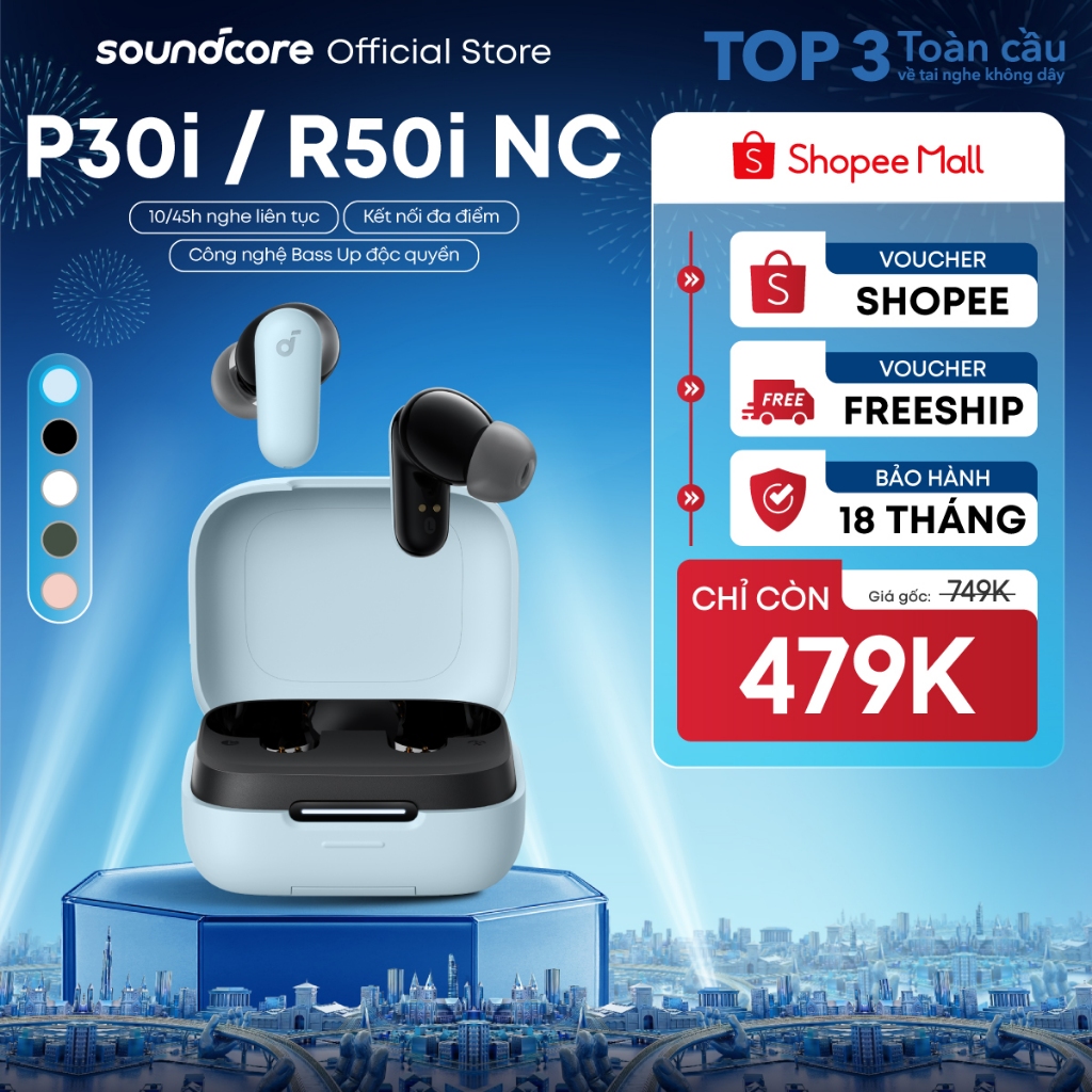 Tai nghe bluetooth soundcore R50i NC (P30i) chống ồn ANC | Chống nước và bụi IP54 |40 giờ phát nhạc |Tích hợp phiên dịch
